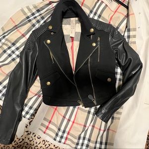 Burberry Brit Cropped Moto Jacket Contrast Leather Sleeve